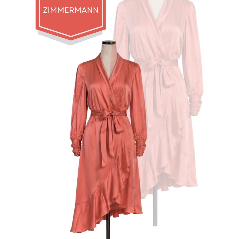 Zimmermann Silk Wrap Dress Coral 100% Silk Wrap Ruffle Size M